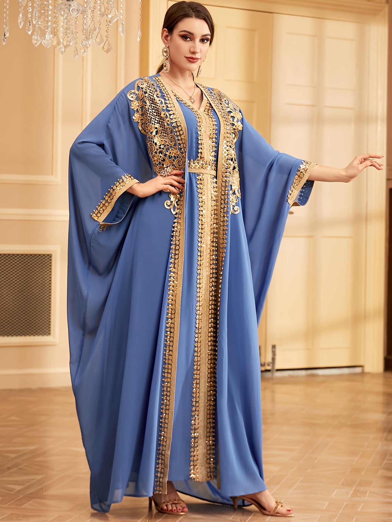 Middle Eastern Muslim Lace Weft Vest Abaya Gown Dress + Cardigan Sequin Embroidery Bat Sleeve Loose Robe Jacket Two-piece Set