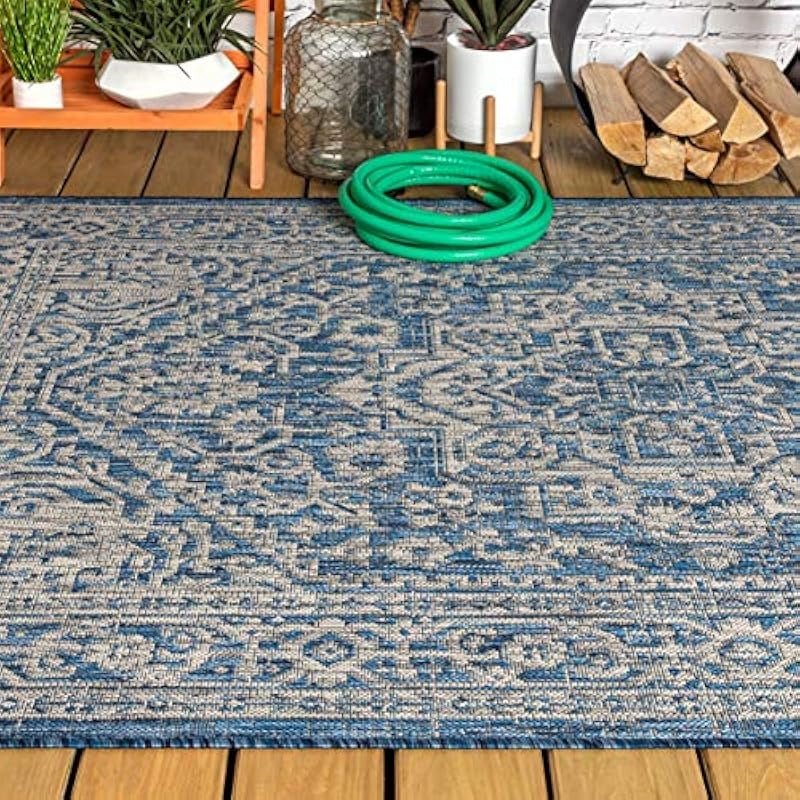 Textured Weave Indoor Outdoor Navy Gray 3 ft. x 5 ft. Area Medium Rug Coastal Easy Cleaning For High Traffic Kitchen Living Room Backyard Non Shedding