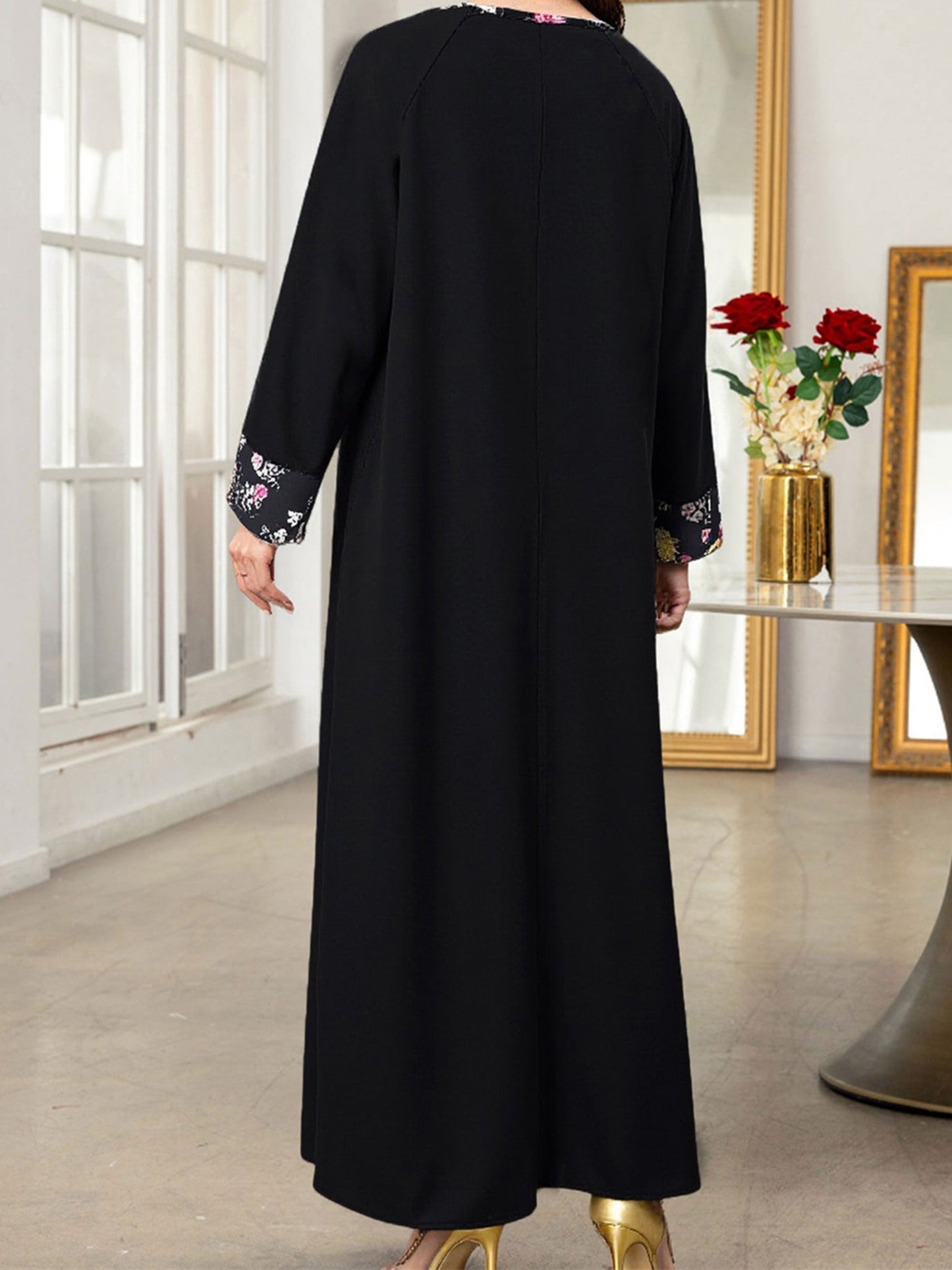 Women's Arabic Abaya Dress Patchwork Floral Print Kaftan Robe Long Sleeve Round Neck Loose Flowy Dress