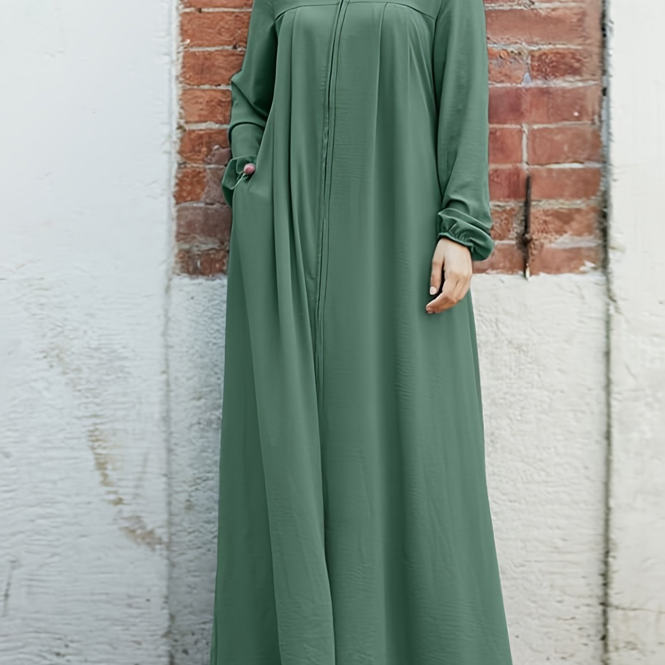 Elegant Black Long Sleeve Palestinian Abaya Dress with Zipper Pockets - Casual Loose Fit, Collared Neckline, Traditional Middle Eastern Style, Comfortable Women'S Dress|Casual Elegance|Pocketed Dress
