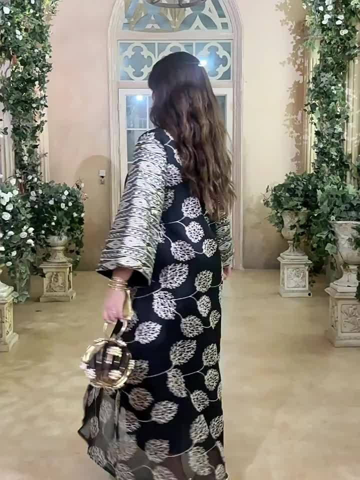 2025 Hot-Selling Black Mesh Embroidered Muslim Robe with Sequin Sleeves, Women's Elegant Kimono Abaya - Arabian Turkish Style for Eid al-Fitr, Travel, Party, and Home Evening Gown