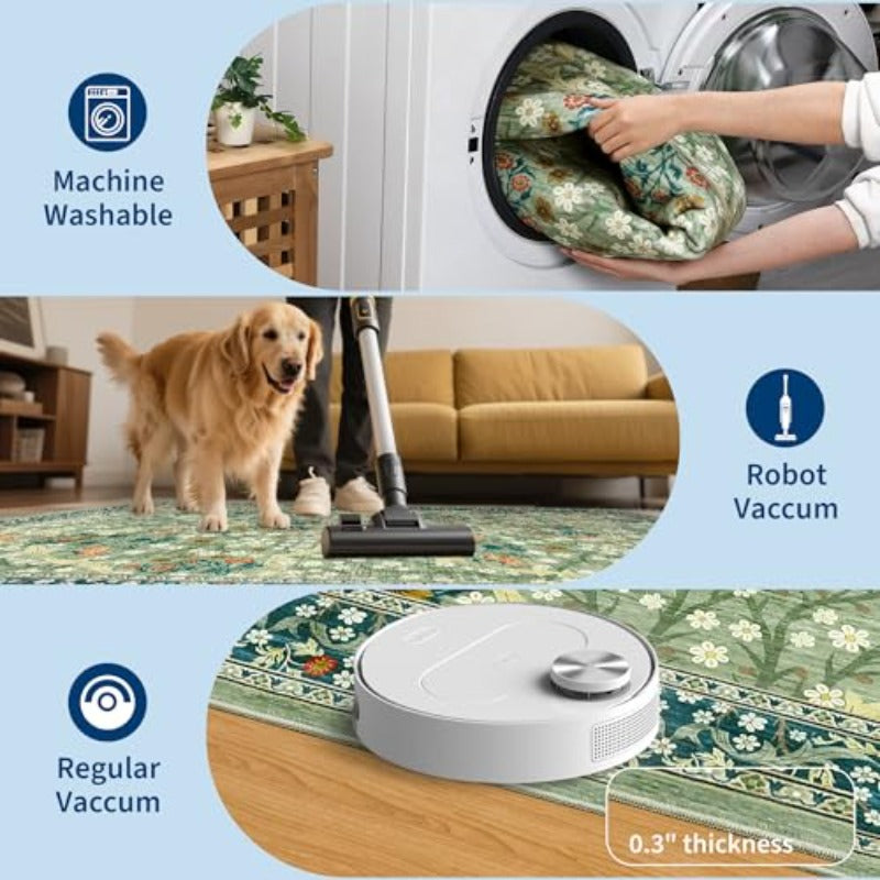Floral Area Rugs, Sage Green Washable Rug for Living Room Bedroom Low Pile Non Slip Stain Resistance Indoor Boho Arabian Carpet Mat for Farmhouse Dining Room Office