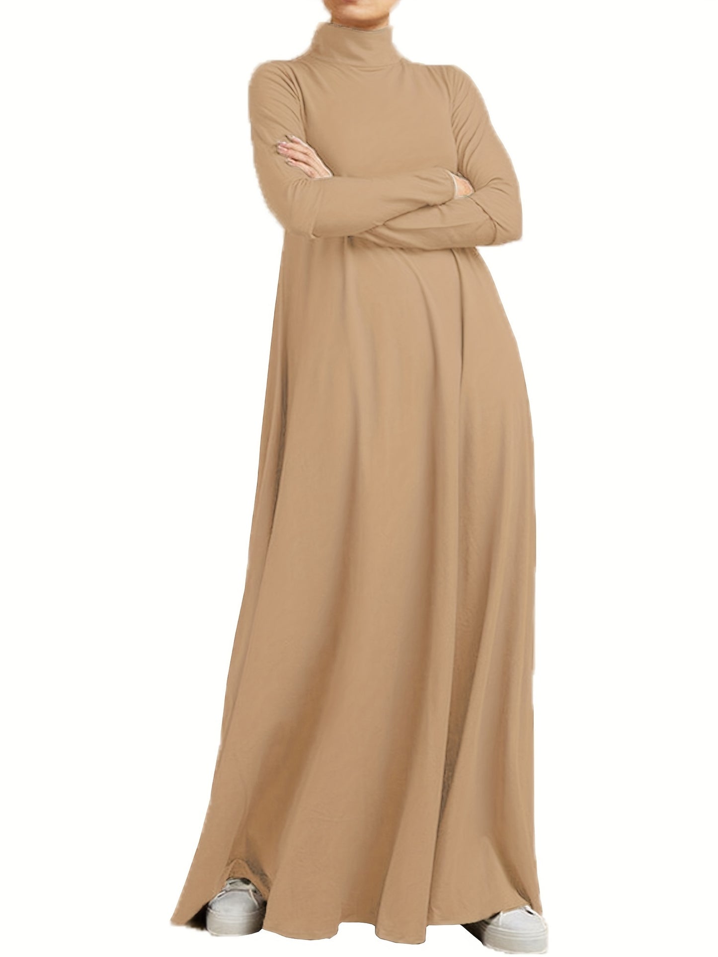 Solid Color High-Neck Long Arabic Abaya for Women in Muslim Style