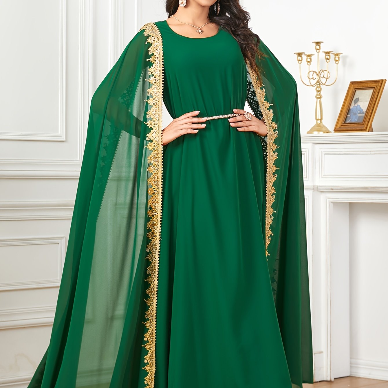 Middle Eastern-Inspired Emerald Green Sequin-Trimmed Lace Embroidery Robe Modern Abaya - Long Sleeve A-Line Gown with Golden Accents, Machine Washable Formal & Casual Wear
