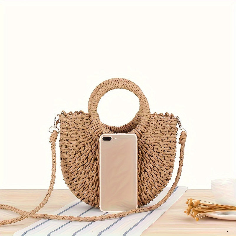 Hand woven Leather Shoulder Bag Women's Summer Beach Tote with Polyester Lining, Drawstring Closure, and Detachable Messenger Strap
