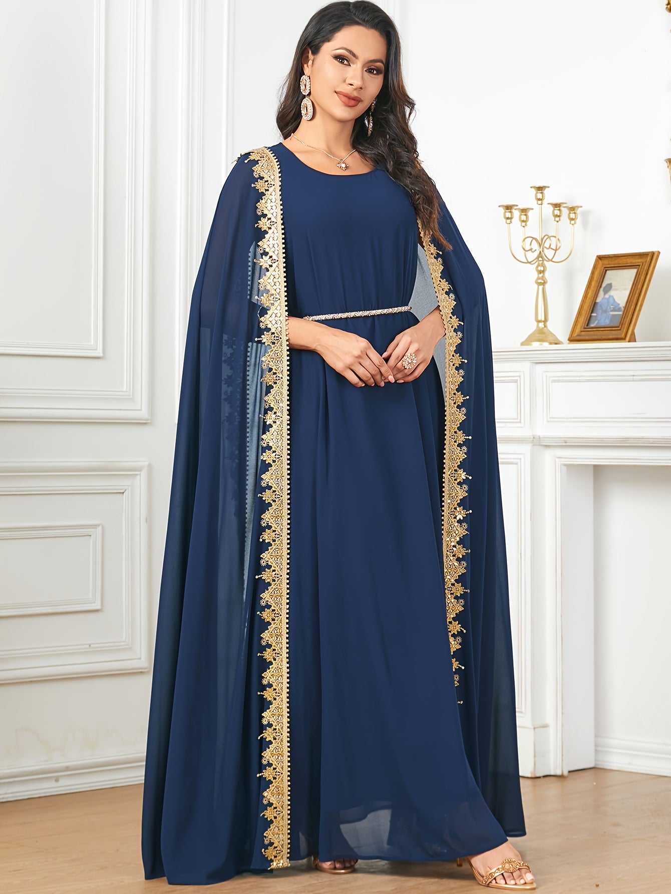 Middle Eastern-Inspired Emerald Green Sequin-Trimmed Lace Embroidery Robe Modern Abaya - Long Sleeve A-Line Gown with Golden Accents, Machine Washable Formal & Casual Wear