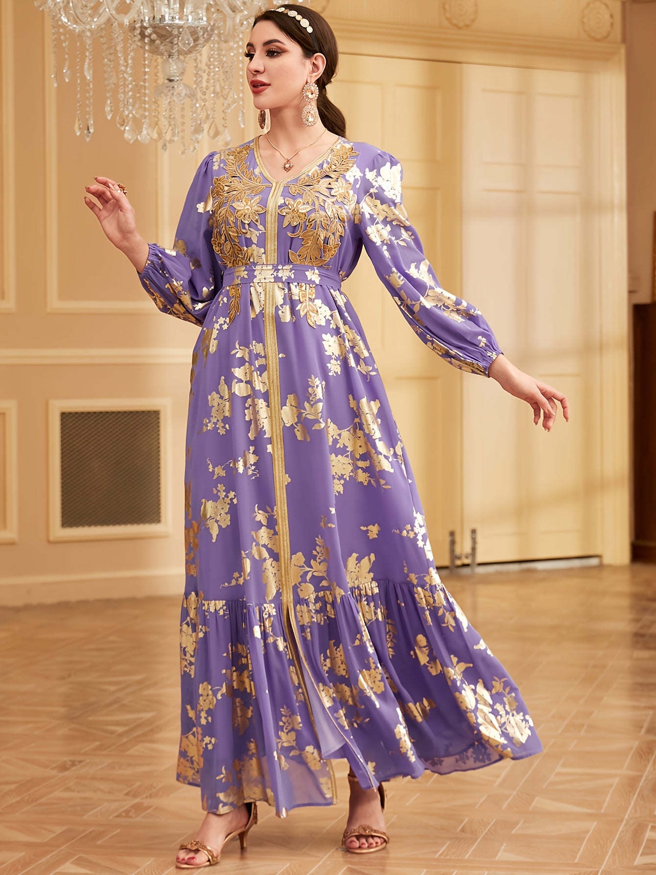 1pc Elegant Embroidered Long Sleeve Modern Abaya with Golden Accents, Polyester 100%, Regular Fit, All-Season Floral Print with Slit Hem and Waist Belt