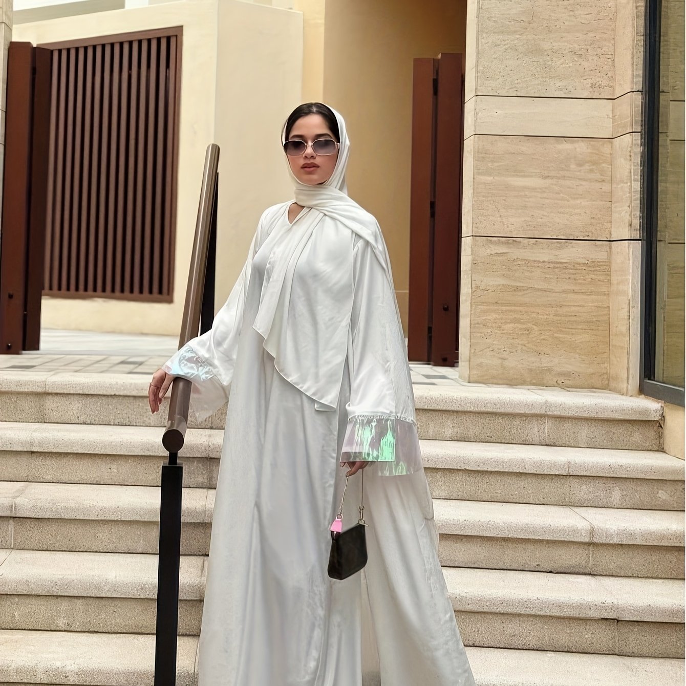 2pcs Set, Dubai Fashion Rhinestone Embellished Muslim Emirati Abaya/Jilbab with Long Sleeve Round Neck Dress and Headscarf, 100% Polyester, Solid Color, All-Season, Long Length, No Belt