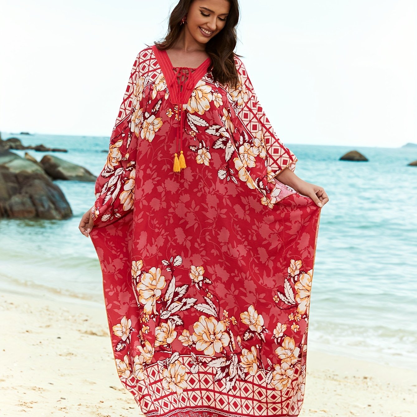 Women's Floral Print Beach Cover-Up Kaftan Dress Floral Pattern, V-Neck With Tie, Loose-Fitting Ethnic Style Casual Maxi Dress