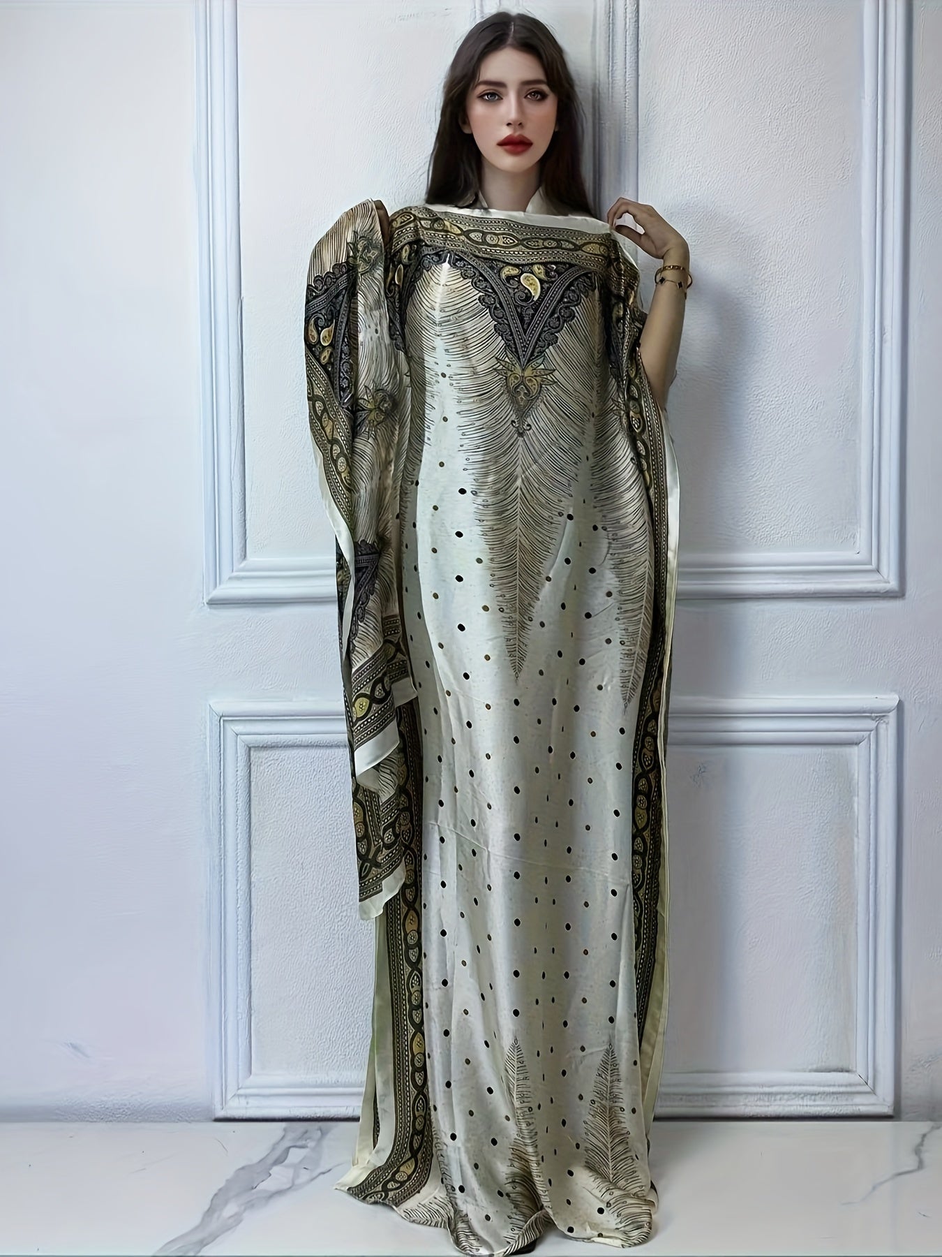 Print Abaya | Women's Clothing | Elegant Short Batwing Sleeve Kaftan | Loose Dress With Scarf | For Spring & Summer