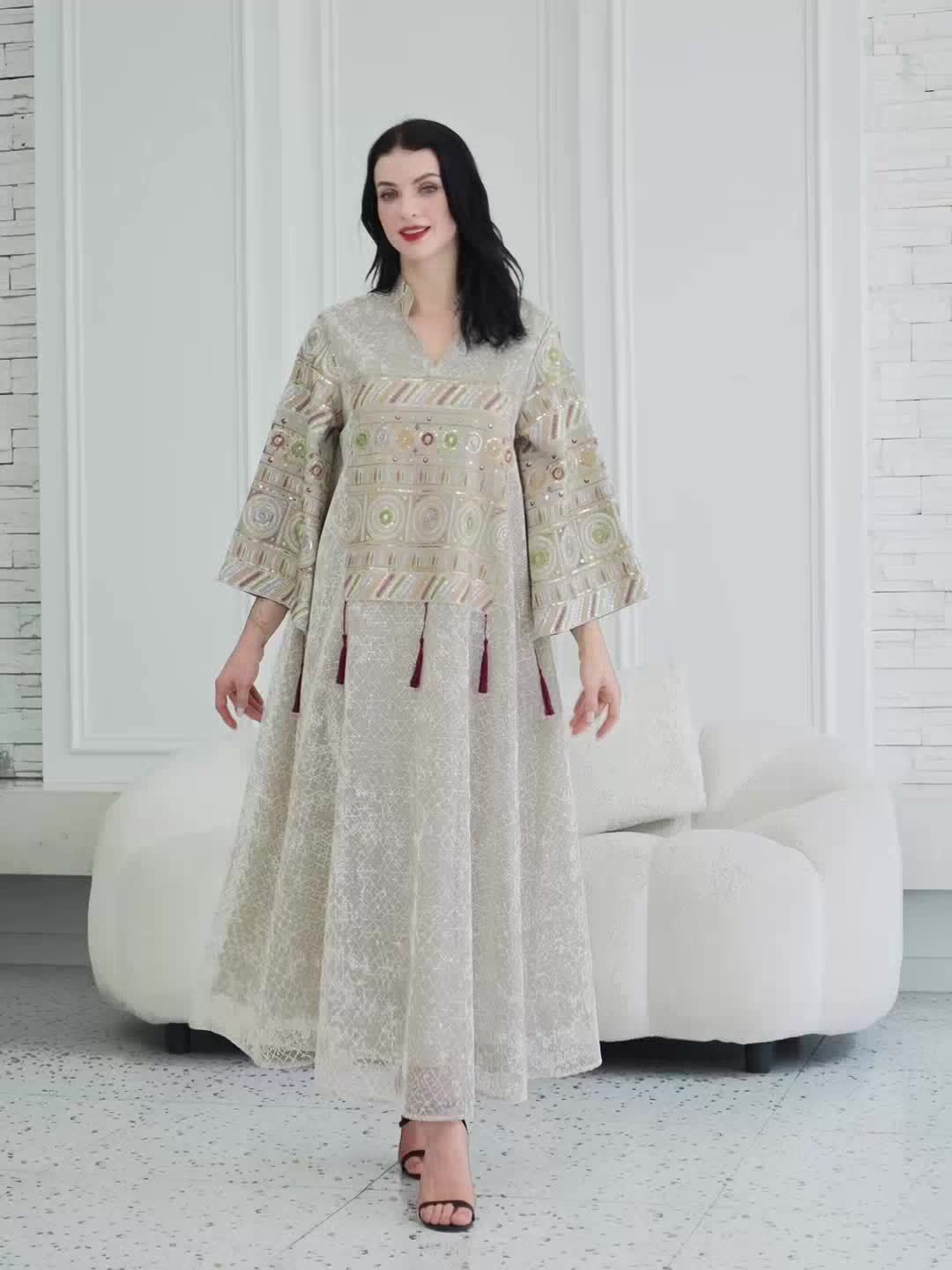 Women's Middle Eastern-Inspired Kaftan Abaya Dress - Luxurious Lightweight Geometric Pattern Long Sleeve Loose Fit Floor-Length Elegant Evening Gown for Spring Summer Fall