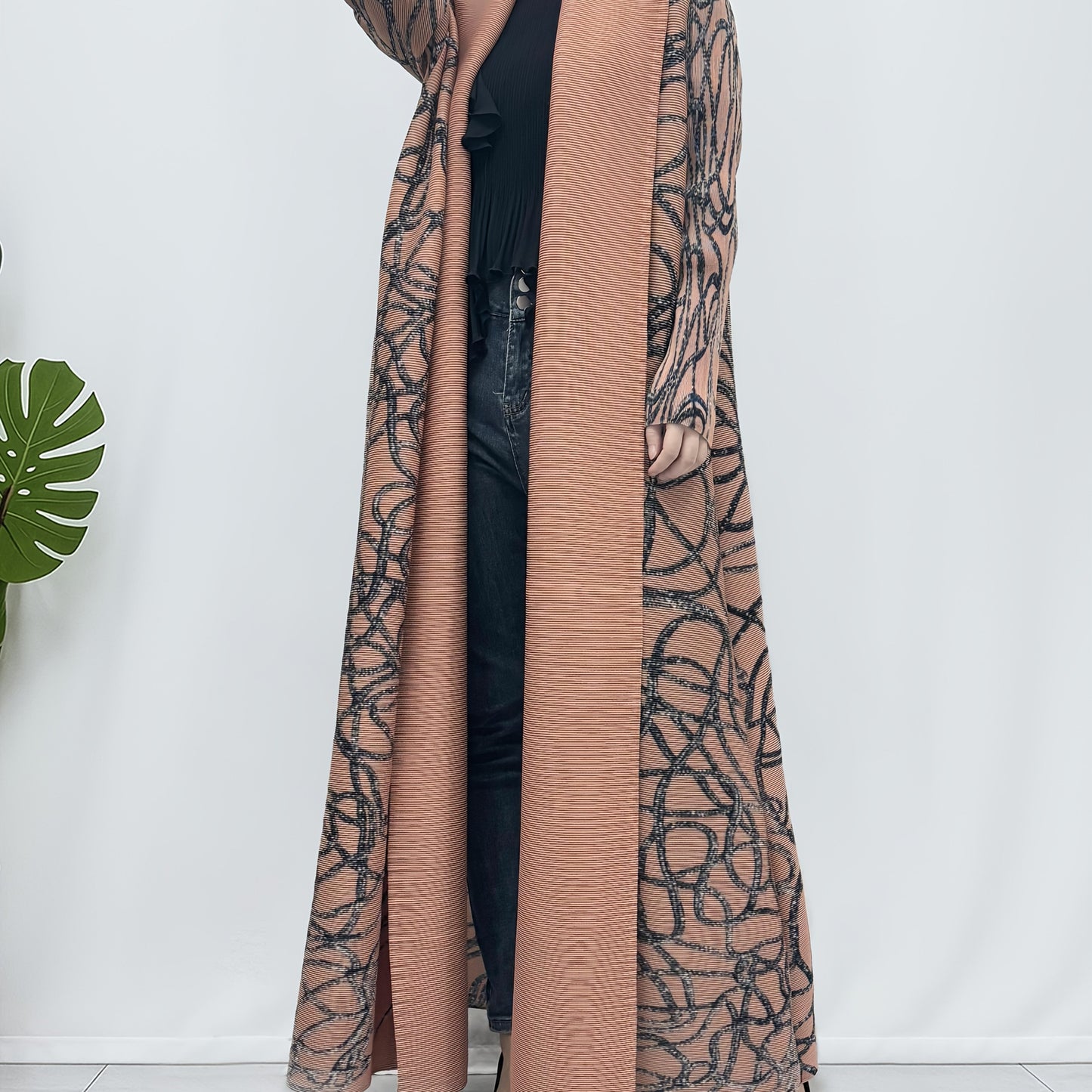 Women's Elegant Middle Eastern Abaya Robe - Long Maxi Dress with Adjustable Waist Belt, Flowy Pantsuit-like Outfit in Soft Pink/Black/, Stretchy Non-Transparent Fabric for Travel, Formal Events, Everyday