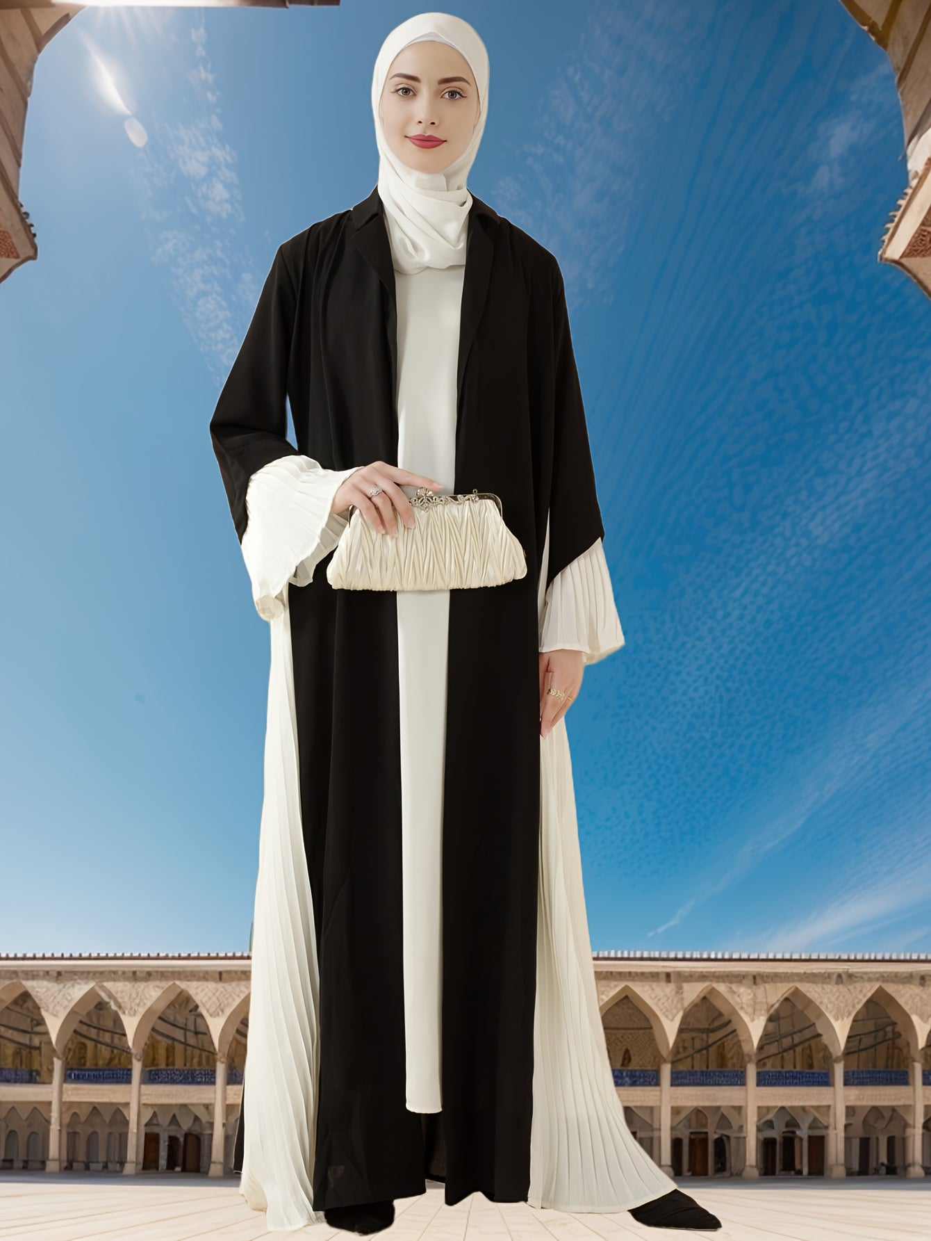 Elegant Black and White Contrast Pleated Open Front Abaya, Summer Lightweight H-Line Silhouette, Breathable Non-Stretch Fabric, Regular Sleeve Design for Women, Cultural & Formal Wear