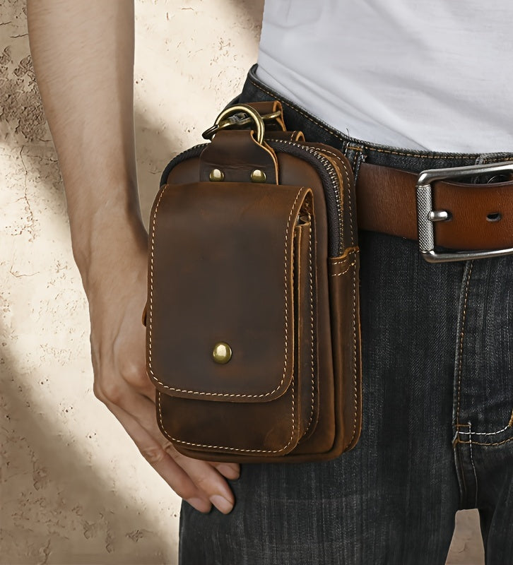 Men's Retro Genuine Leather Belt Bag - Anti-Theft Lightweight Belt Clip with Multiple Zippered Compartments for Phone & Essentials