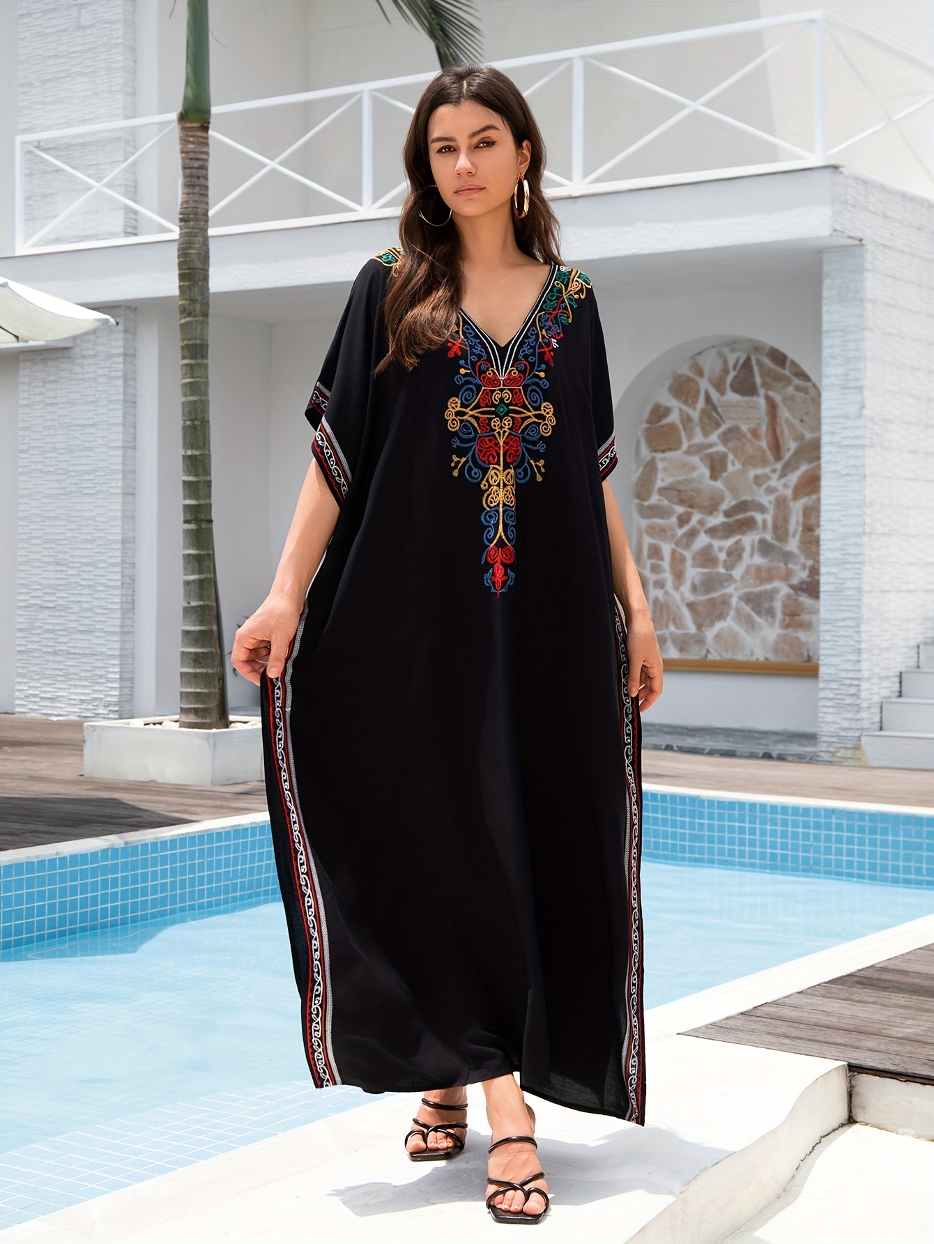 Women's Embroidery Swimsuit Cover Ups Beach Cover Up Kaftan Plus Size V Neck Ethnic Style Batwing Sleeve Kaftan Dress - For Women - Suitable for Beach, Pool, Vacation - Perfect Gift for Summer