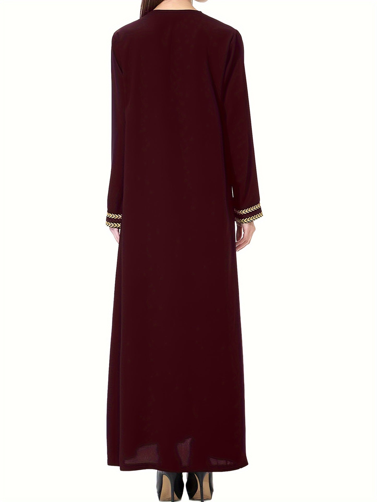 Navy Blue Muslim Kaftan Dress | Elegant Jibab Abaya, Golden Embroidery, Sleeve, Loose Fit, Maxi Length, Hijab-Friendly Design, All-Season Wear