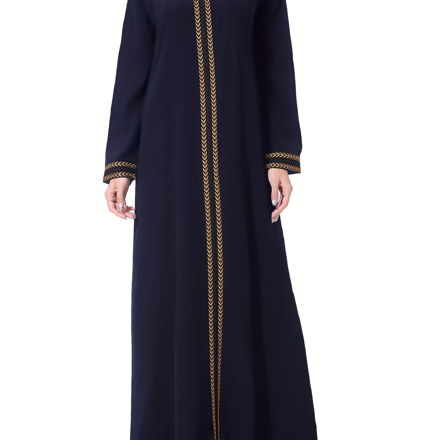 Navy Blue Muslim Kaftan Dress | Elegant Jibab Abaya, Golden Embroidery, Sleeve, Loose Fit, Maxi Length, Hijab-Friendly Design, All-Season Wear