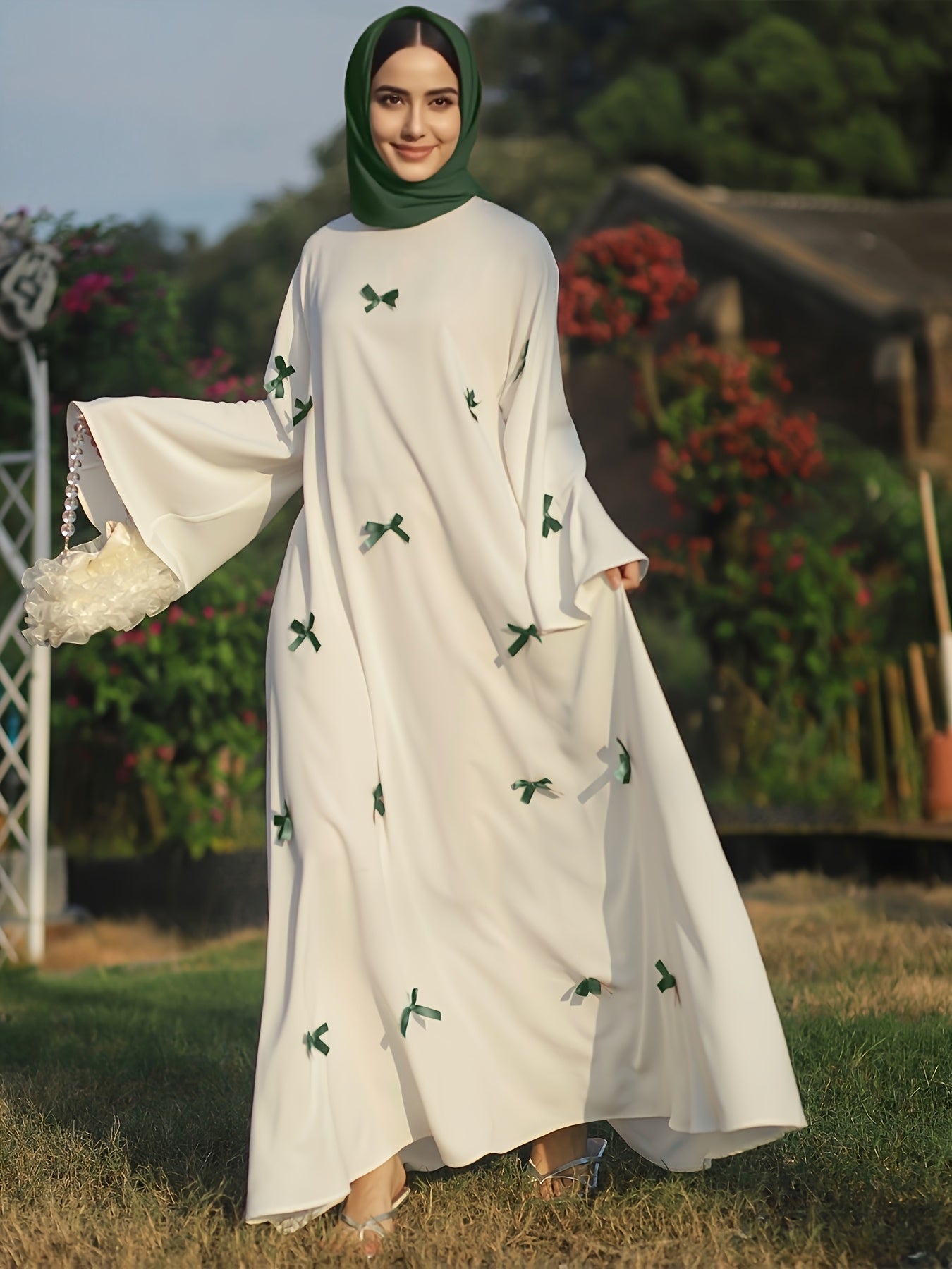 Butterfly Bow Abayas Elegant Long Robe Set, Including Dress and Headscarf