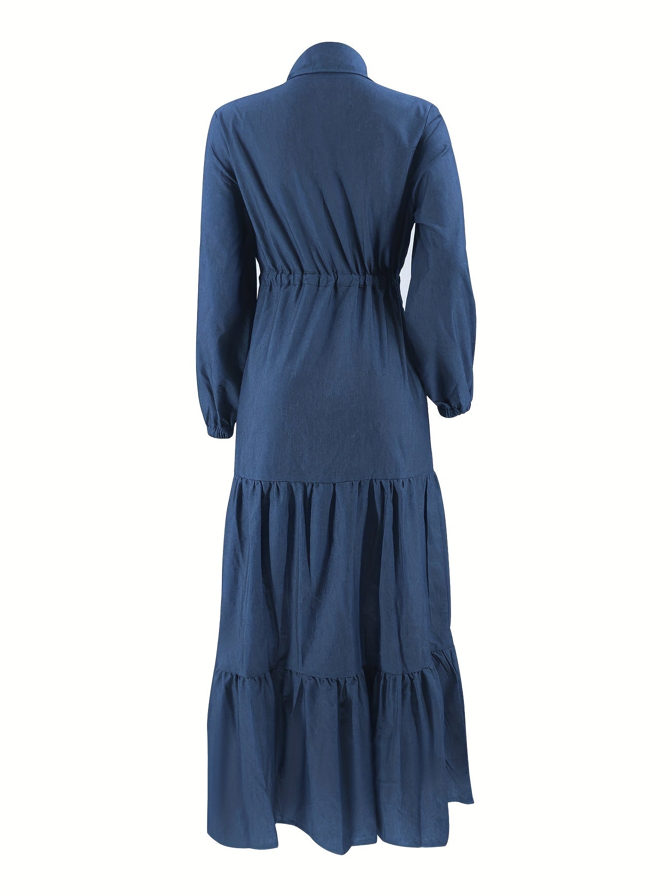 Blue Elegant Women's Baju Abaya | Middle Eastern-Inspired, Adjustable Waist Tie, Golden Buttons, Long Sleeve, Ruffled Hem, Machine Washable, All-Season Traditional Casual Wear