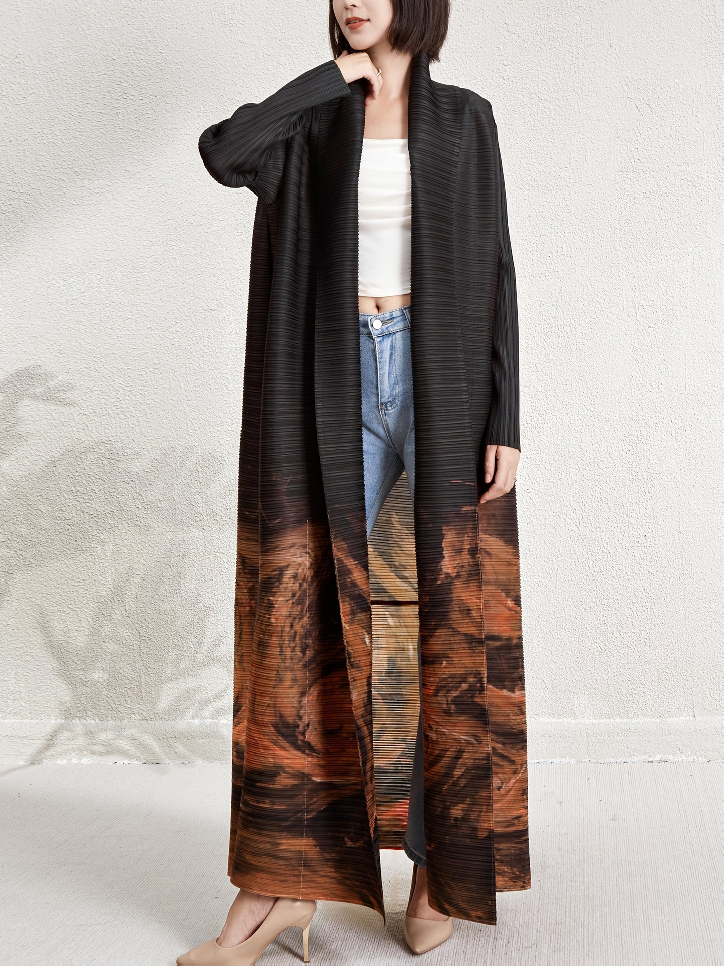 Elegant Middle Eastern Dubai Vacation Abaya Robe - Plus Size Loose Fit Pleated Geometric Print Open Front Cardigan Dress, High Elasticity Machine Washable Long Sleeve Belted