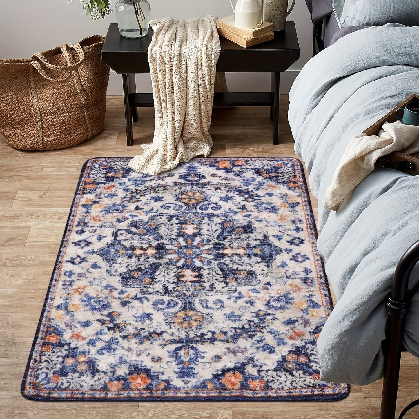 Bohemian Round Rug Bedroom Round Area Rug Soft Bathroom Circle Mat, Vintage Machine Washable Non Slip Low Pile Indoor Floor Carpet For Kitchen, Laundry Room, Entryway