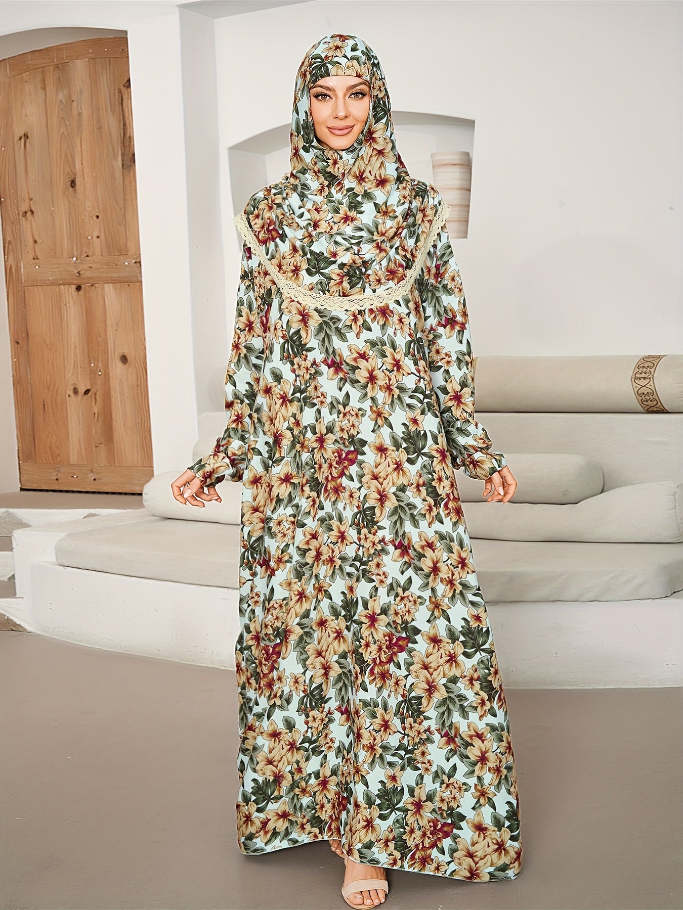 Plus Size Ramadan Floral Pattern Jibab Abaya Dress - Elegant Lace Trim, Long Sleeve, Prayer Dress with Hijab, Women's Modest Clothing for Special Occasions