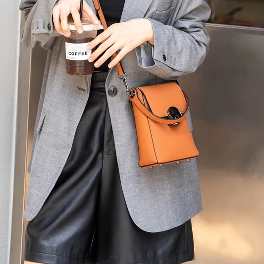 A Fashionable Genuine Leather Solid Color High-End Handmade Crossbody Bag, Retro Genuine Leather Women Briefcase