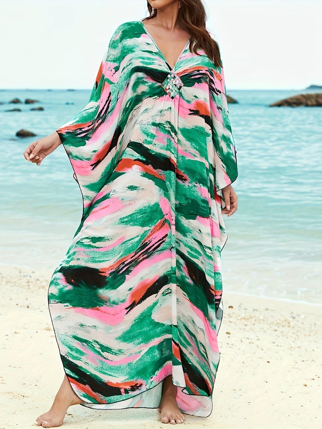 Women Plus Size Kaftan Dress Swimsuit Print Kaftan Beach Cover Up Dress