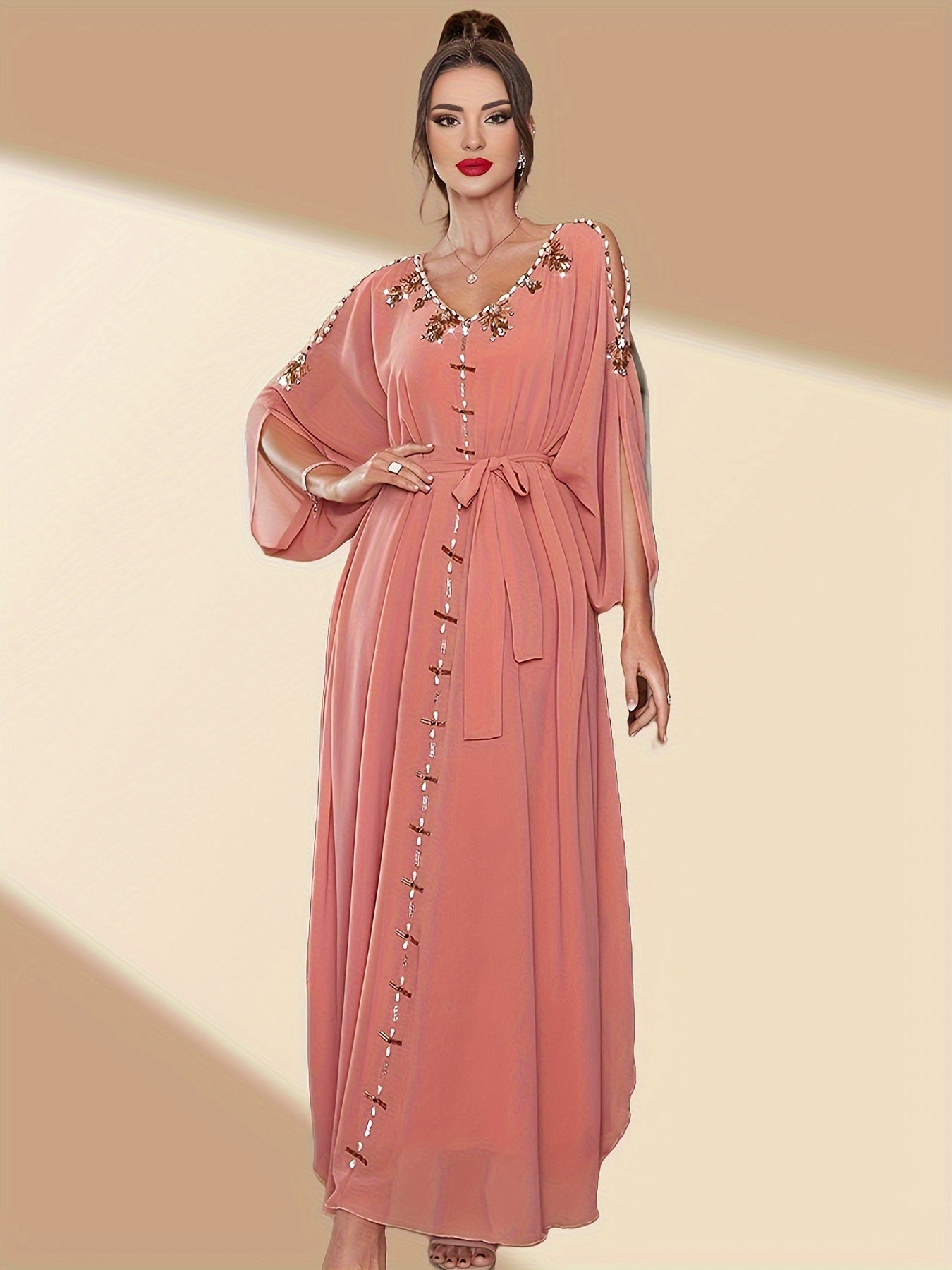 1pc Elegant Off-Shoulder Maxi Modern Abaya with Handcrafted Pearl Embellishments, Solid Color Polyester, All-Season Woven Gown with Large Flounce Sleeves