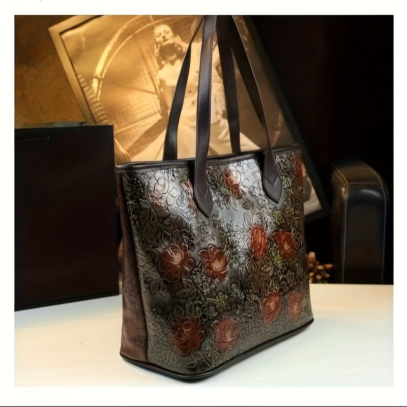 Genuine Leather Women's Tote Bag - Large Capacity Dual-Sided Floral Design with Red Roses & Green Foliage