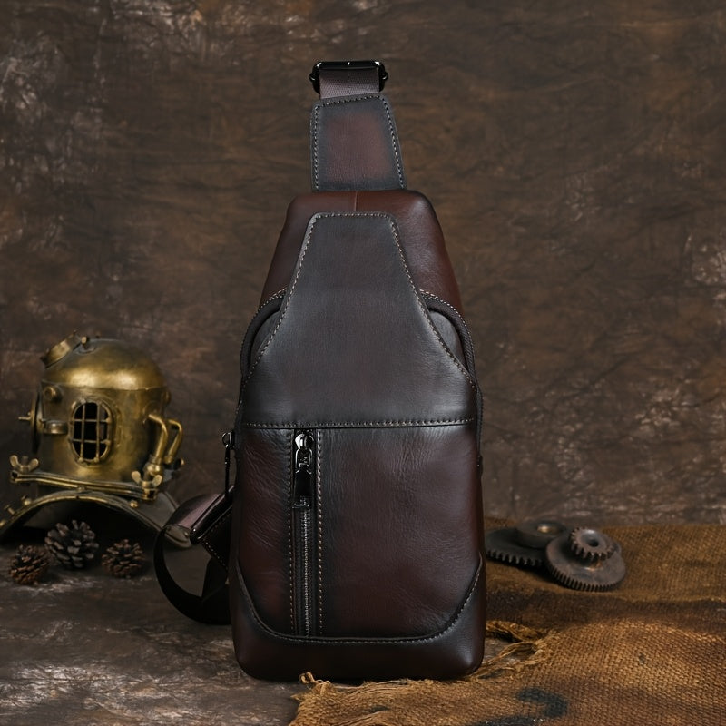 Men's Vintage Genuine Leather Chest Bag - Large Capacity Casual Messenger Shoulder Bag with Zipper Closure, Outdoor Shoulder Bag | Retro Style Bag