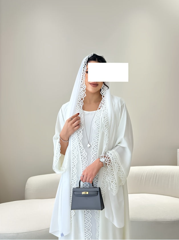 2pcs Muslim Kaftan Abaya Set with Lace Trim | Plus Sleeveless Vest Skirt, Headscarf, for Ramada