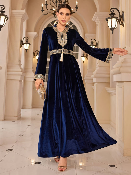 Elegant Women's V-Neck Tassel Embroidered Long Sleeve Maxi Modern Abaya - Velvet Teal Blue with Detachable Belt, Flowy Loose Fit for Weddings, Parties & Festivals, Middle Eastern Attire