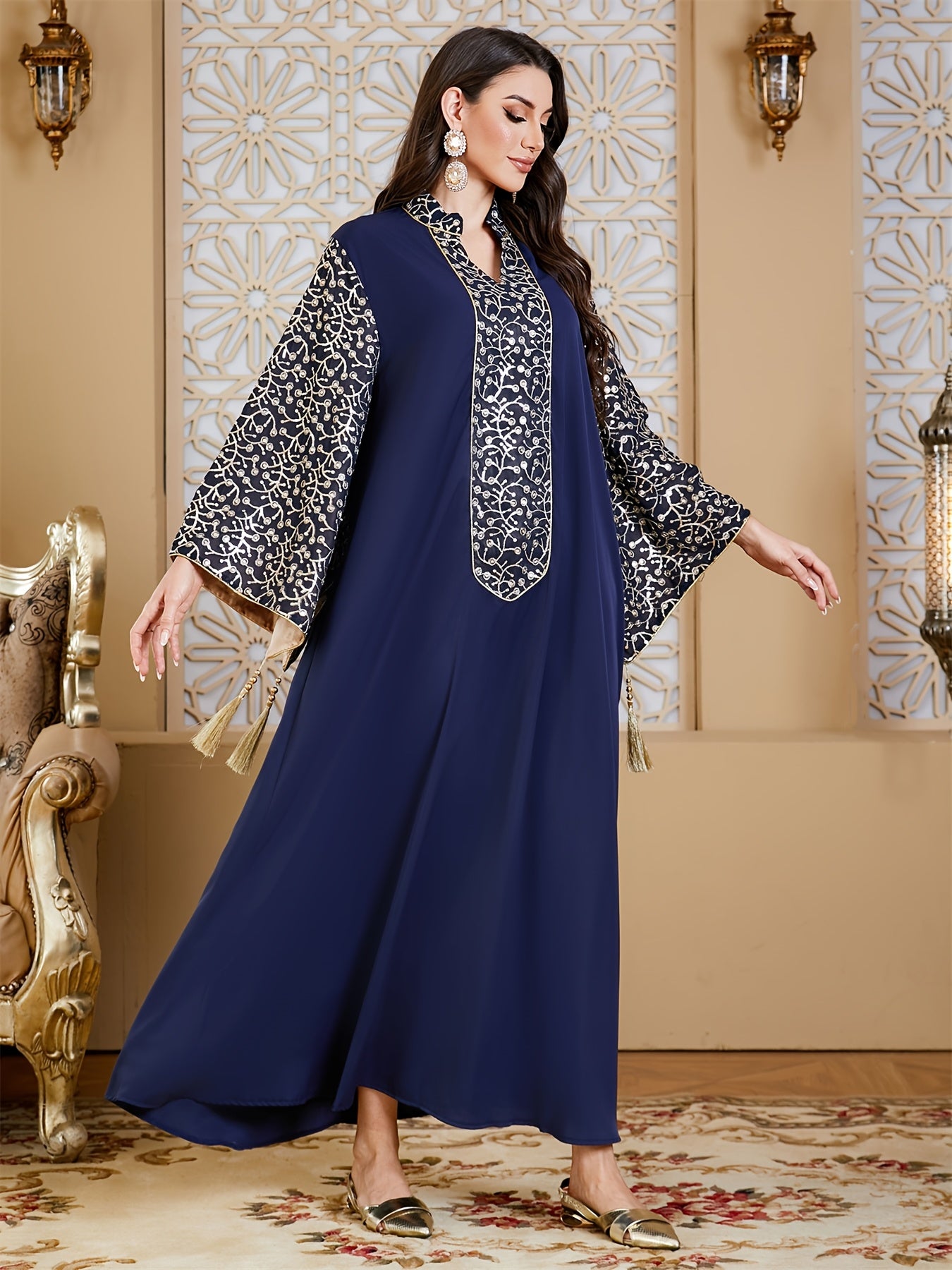 Elegant Muslim Kaftan Abaya Evening Dress with Floral Embroidery & Tassel Flare Sleeves - Navy Blue Maxi Abaya for Women, Middle Eastern-Inspired Traditional Gown, Hand Wash/Dry Clean