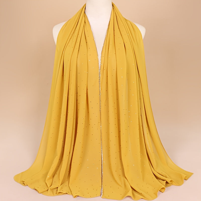 1pc Lightweight Breathable Chiffon Scarf with Sparkling Rhinestone Trim