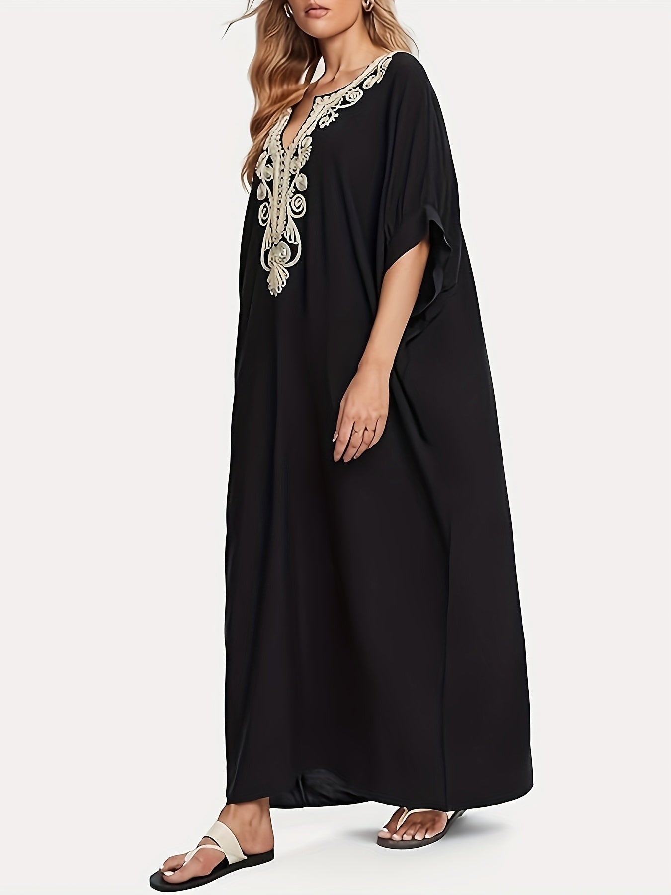 Bsubseach Caftans For Women Plus Size Beach Kaftan Dress Long Swimsuit Cover Up Casual Resort Wear Black Embroidery