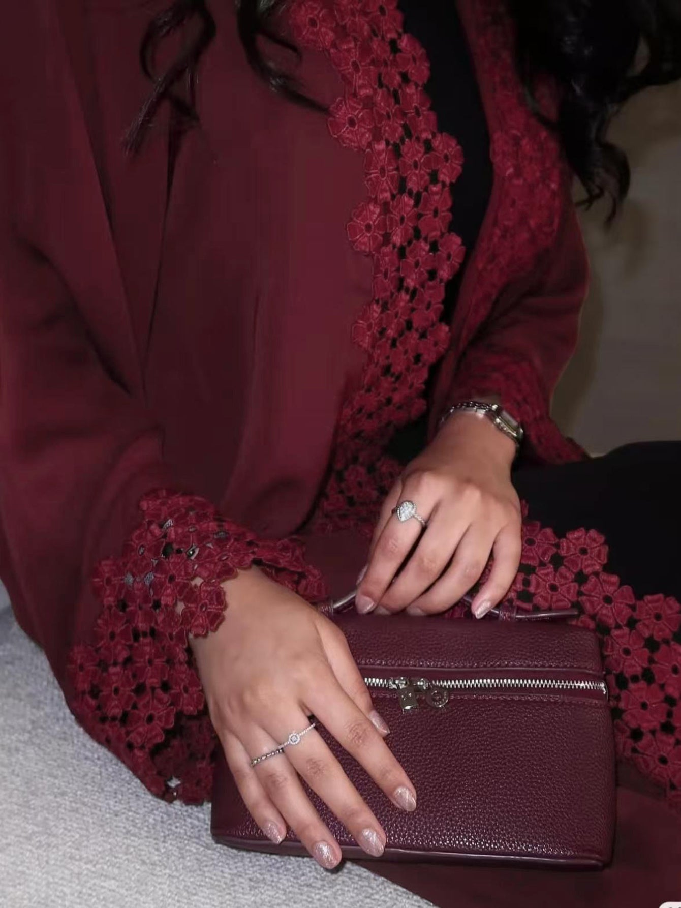 Elegant Women's Red Abaya Robe with Intricate Lace Detailing - Long Sleeve, Open Front, Loose Fit for Spring, Summer, and Fall - Perfect for Casual or Formal Occasions, Cultural Attire, Flowing Garment