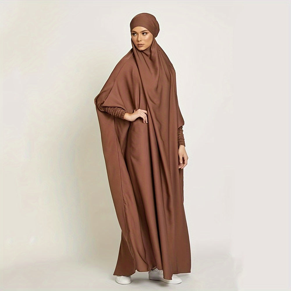 Long Sleeve Solid Color Jibab Abaya - Women's Traditional Arabian Polyester Robe with Tie Back, 95% Polyester 5% Elastane, 135g/m² - Muslim Nida Hijab Dress