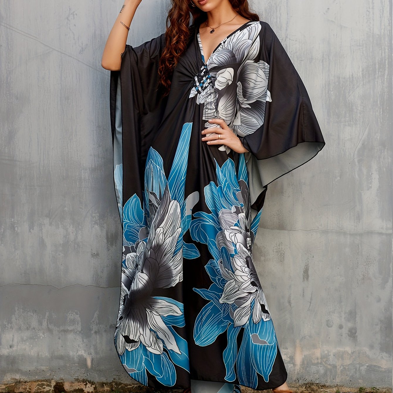 Women's Long Beach Cover Up With Floral Print Kaftan Deep V-neck Casual Vacation Bikini Swimsuit Cover Up