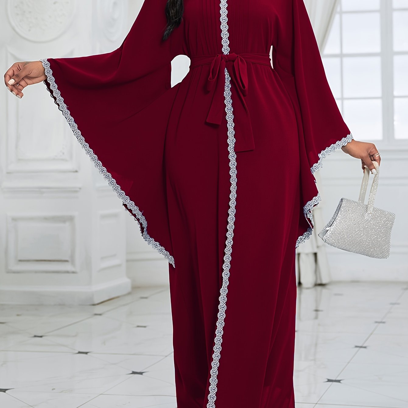 Women's Middle Eastern-Inspired Geometric Print Pakistani Abaya - Long Sleeve Belted Waist Floor-Length Dress with Pockets, Breathable Fabric for Spring/Summer