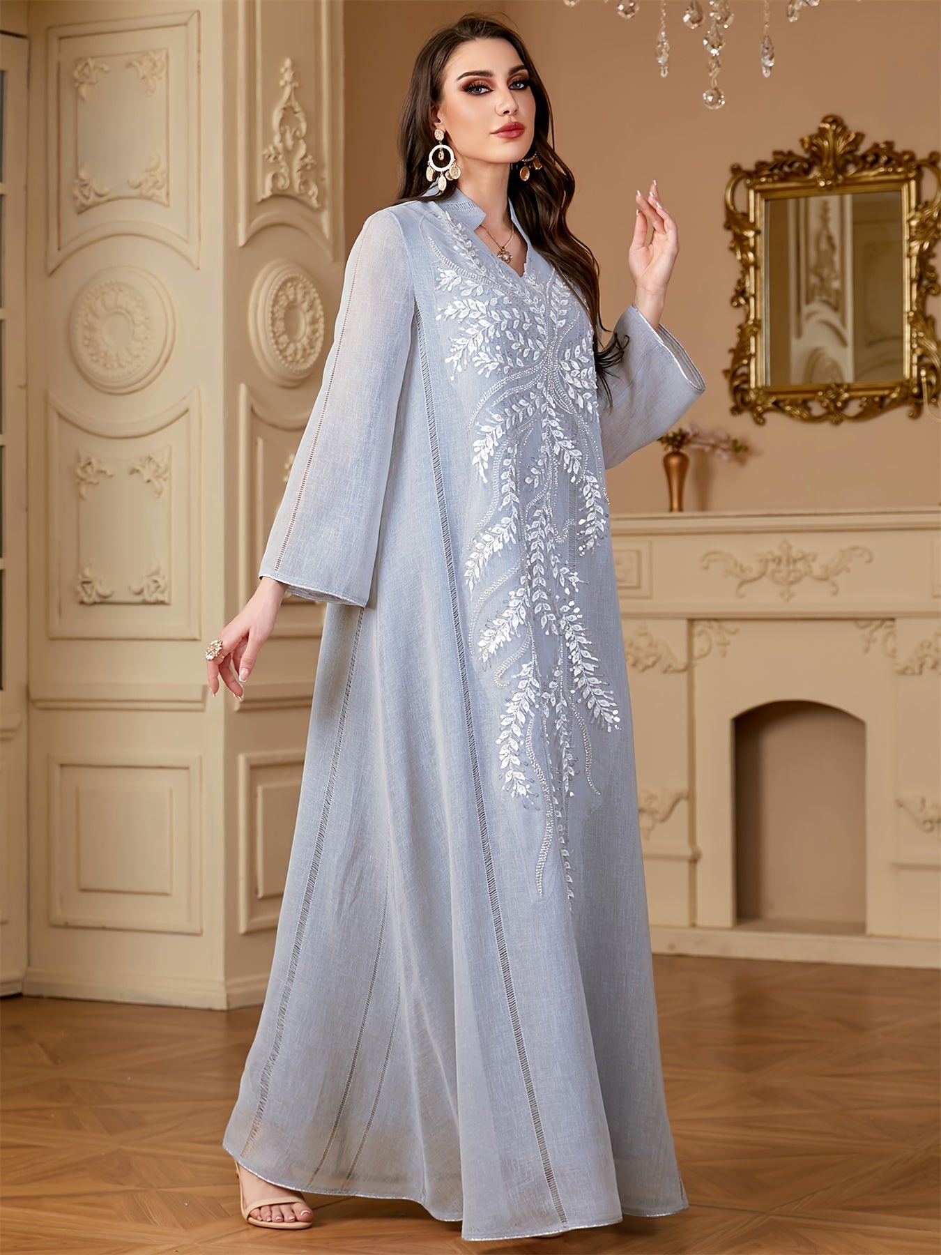 Ramadan Muslim Women's Fashion Beading Emirati Abaya Dubai Notched Stand Collar Dresses Mesh Sleeve Kebaya Casual Loose Clothing