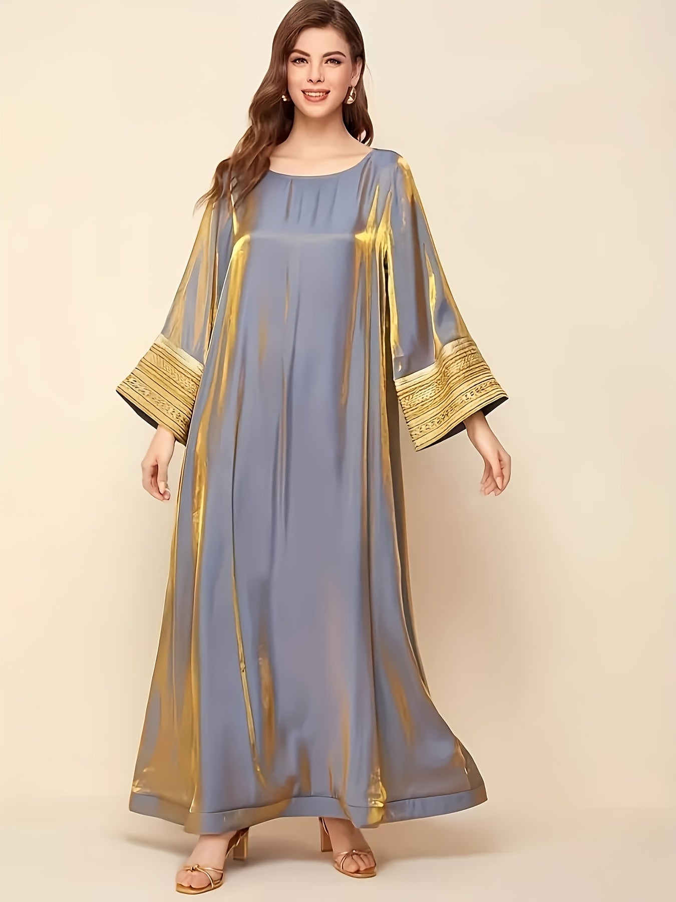 Elegant Long-Sleeve Baju Abaya | Golden Lace Accents, Reflective, Loose Fit, Round Neck, Perfect for Spring/Fall, Women's Fashion, Fall Fashion