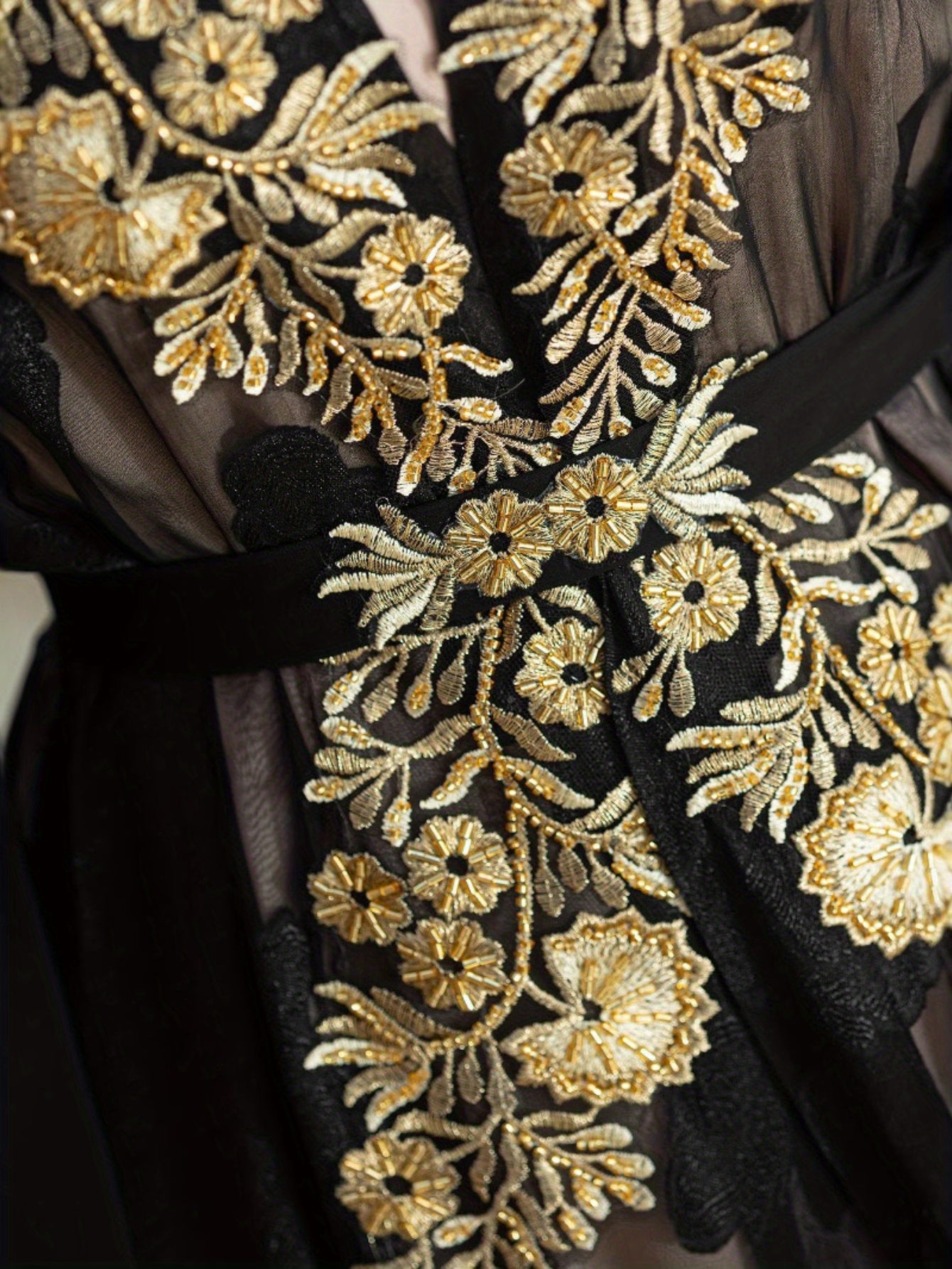 Two-Piece Black and Golden Embroidered Abaya with Belt - Elegant Long Sleeve, Flowing Ethnic Style, Non-Stretch Fabric, Perfect for Spring/Summer, Cultural Attire|Elegant Abaya|Satin Finish