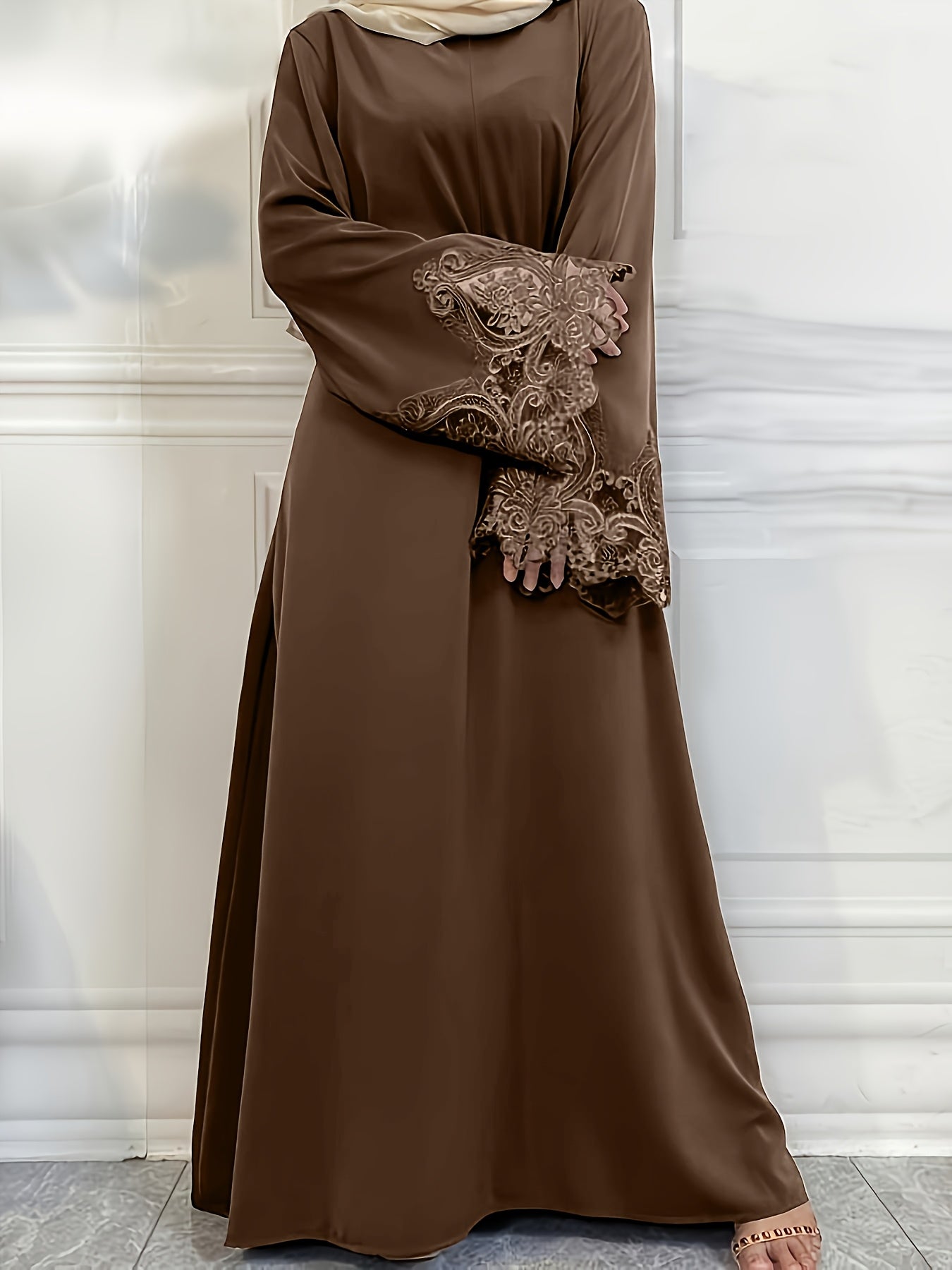 Middle Eastern Style Brown Women's Turkish Abaya Robe | Machine Washable Solid Lace Trim & Tie-Front Closure, All-Season Modest Dress for Casual & Formal Wear, Formal Cover Clothing