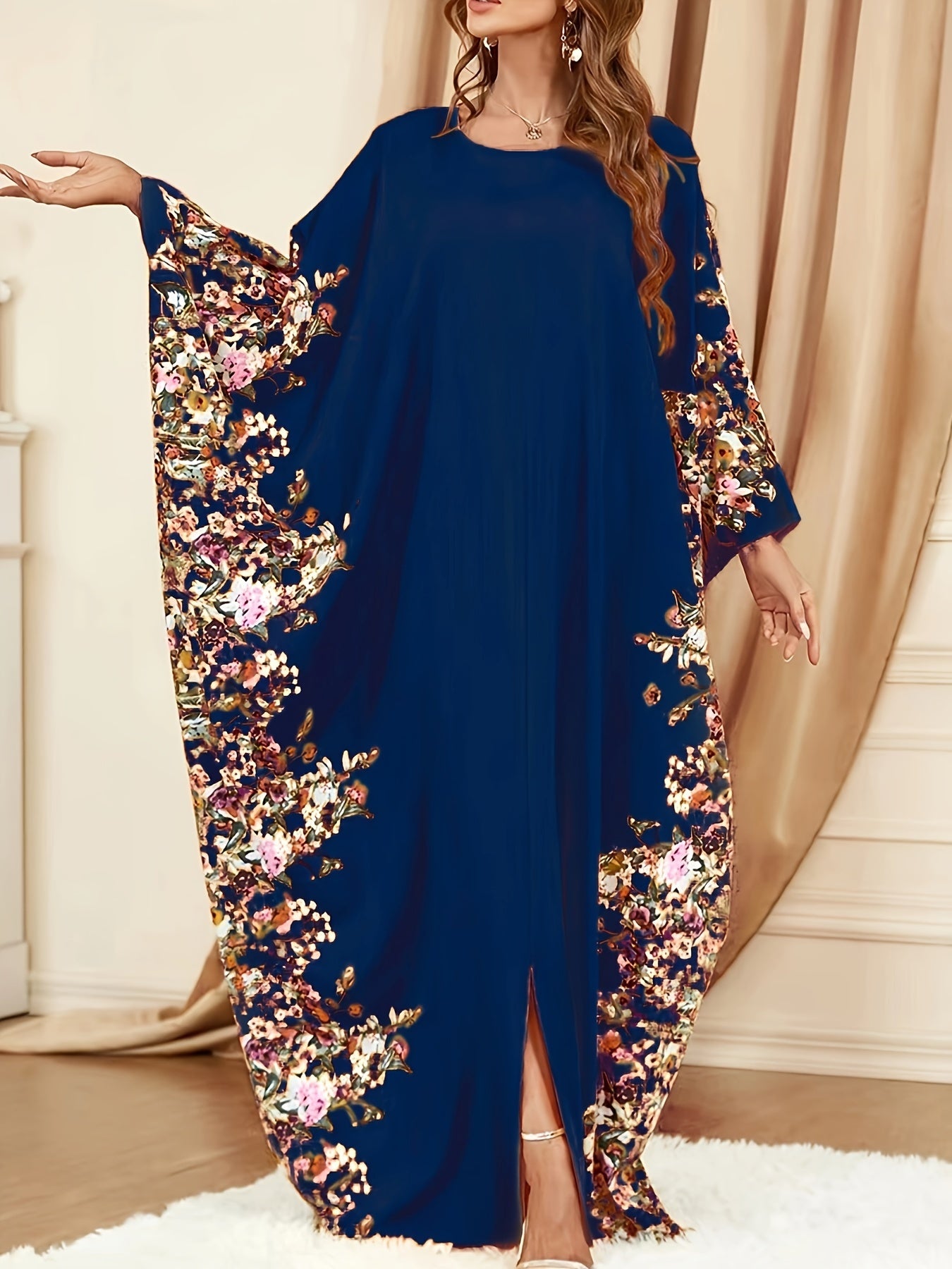 Floral Print Crew Neck Kaftan Abaya, Elegant Batwing Sleeve Split Maxi Dress, Women's Clothing