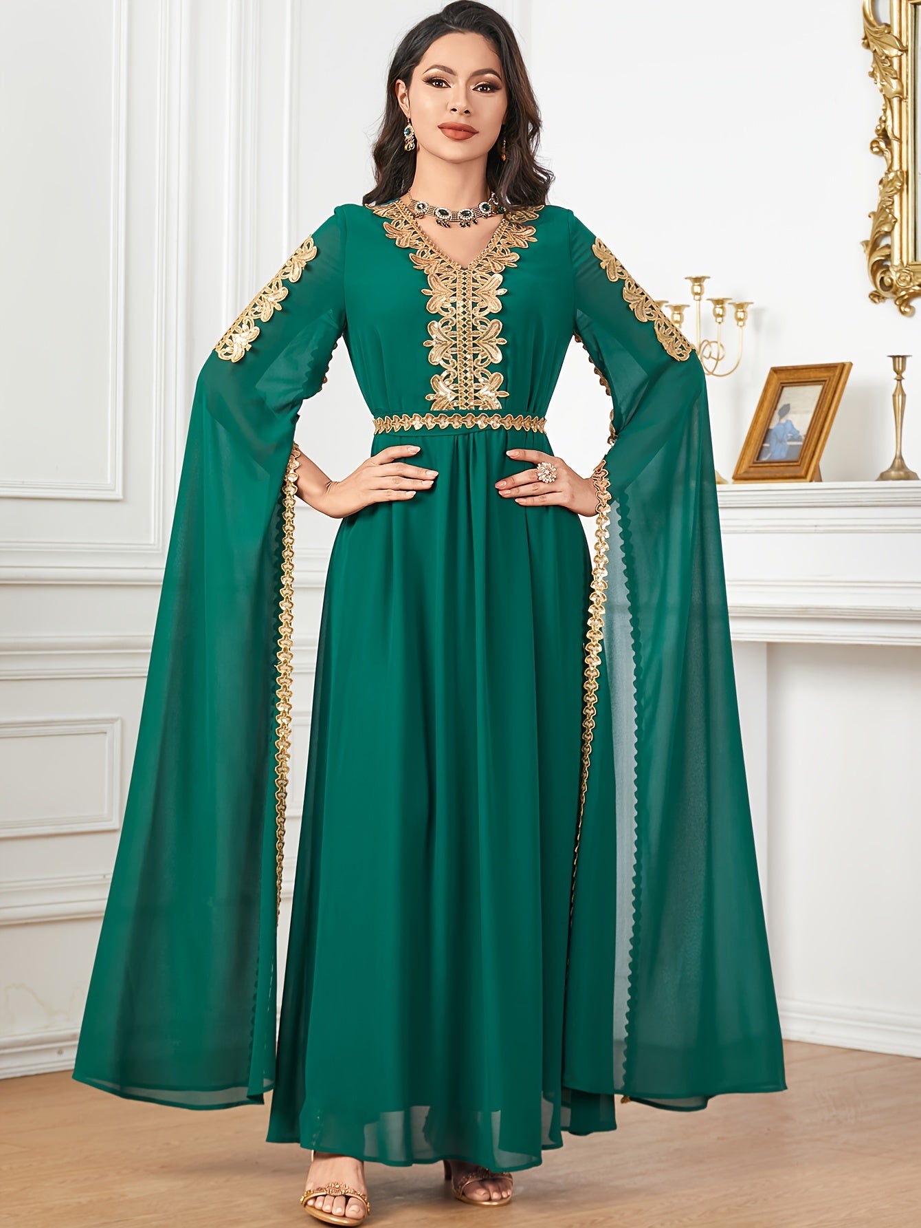 Elegant Black Sequin Embroidered A-Line Maxi Abaya Dress with Golden-Tone Embroidery, Slit Sleeves & Adjustable Waist Belt - Middle Eastern-Inspired Formal Party Wedding Guest Dress, Cultural Attire, Nontransparent Fabric