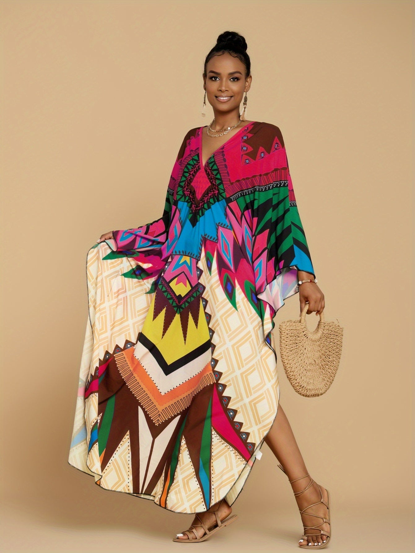 Women's Kaftan Dresses Geometric Patterns Floral Prints Beach Cover Up Chest Casual Home Vacation Ethnic Kaftan Robe Cover Up Batwing Sleeve Elegant Dress