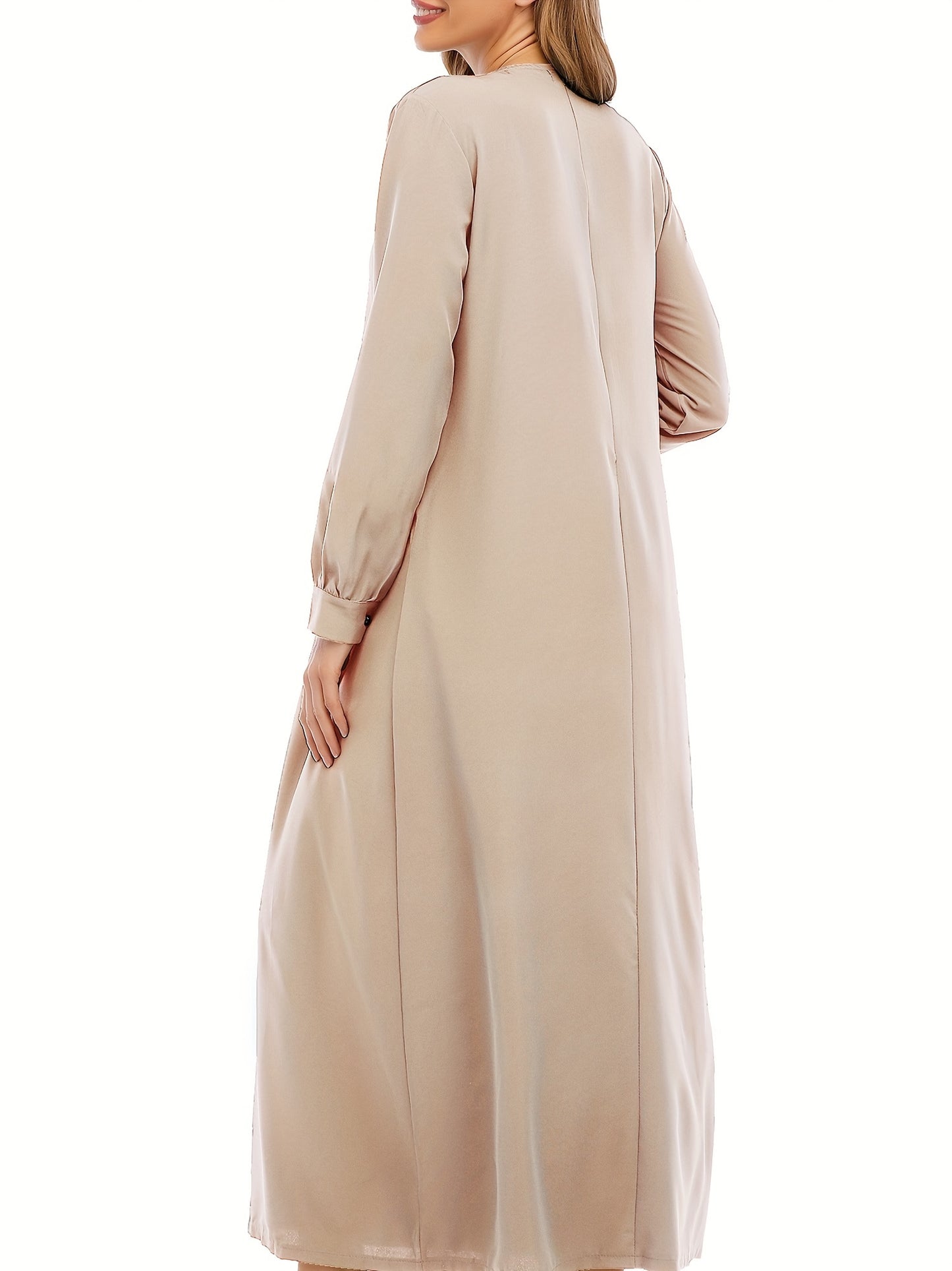 Ramadan Crew Neck Long Sleeve Modest Arabic Abaya, Solid Color Zipper Maxi Length Dress, Women's Clothing
