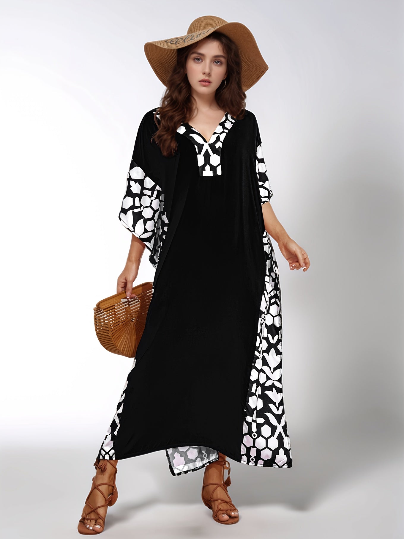 Large Size Long Black Elegant Kaftan Dress with Patchwork Print Loose Beach Bikini Cover, Side Slit Short Sleeved Middle Eastern Long-distance Holiday Style Dress
