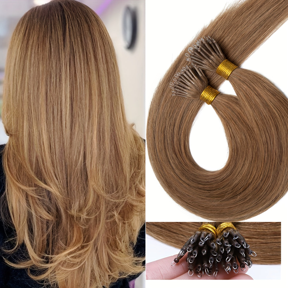 100% Human Hair Extensions - 50 Strands Nano Rings, Thick, Smooth, Remy Hair